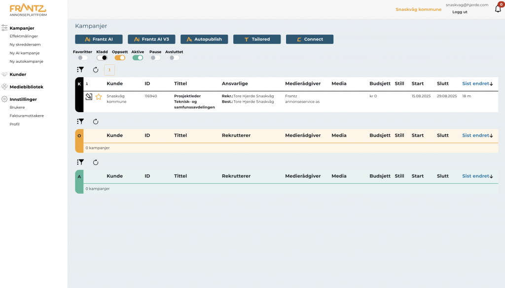 Skjermbilde av kampanjeoversikten i Frantz Business Manager