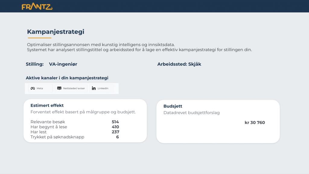 Skjermbilde av kampanjestrategi med budsjett
