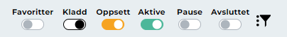 Skjermbilde av statusfiltrene Favoritter, Kladd, Oppsett, Aktive, Pause og Avsluttet